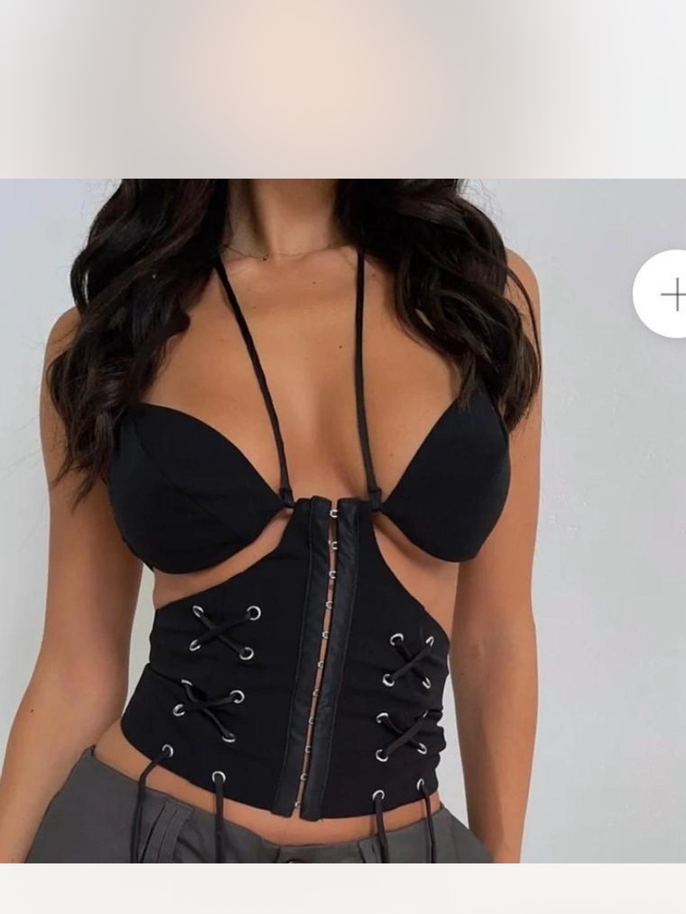 Black Lace-Up Corset Crop Top with Front Hook Closure